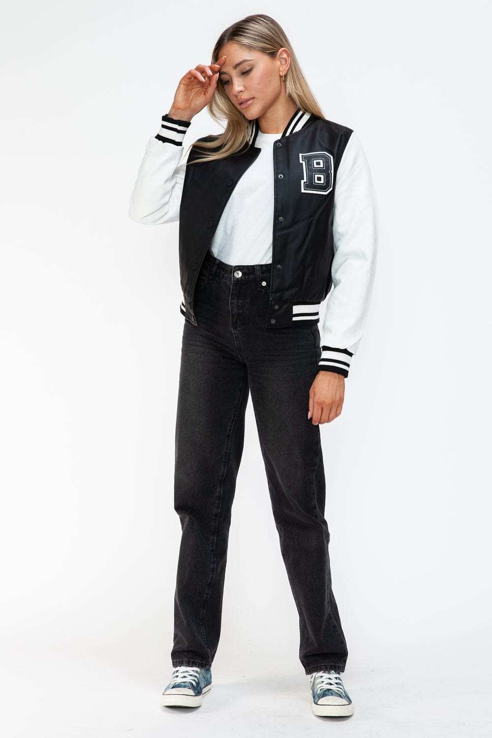 Love Me Now PU Leather Contrast Snap Down Bomber Jacket - Trendsi - Flyclothing LLC