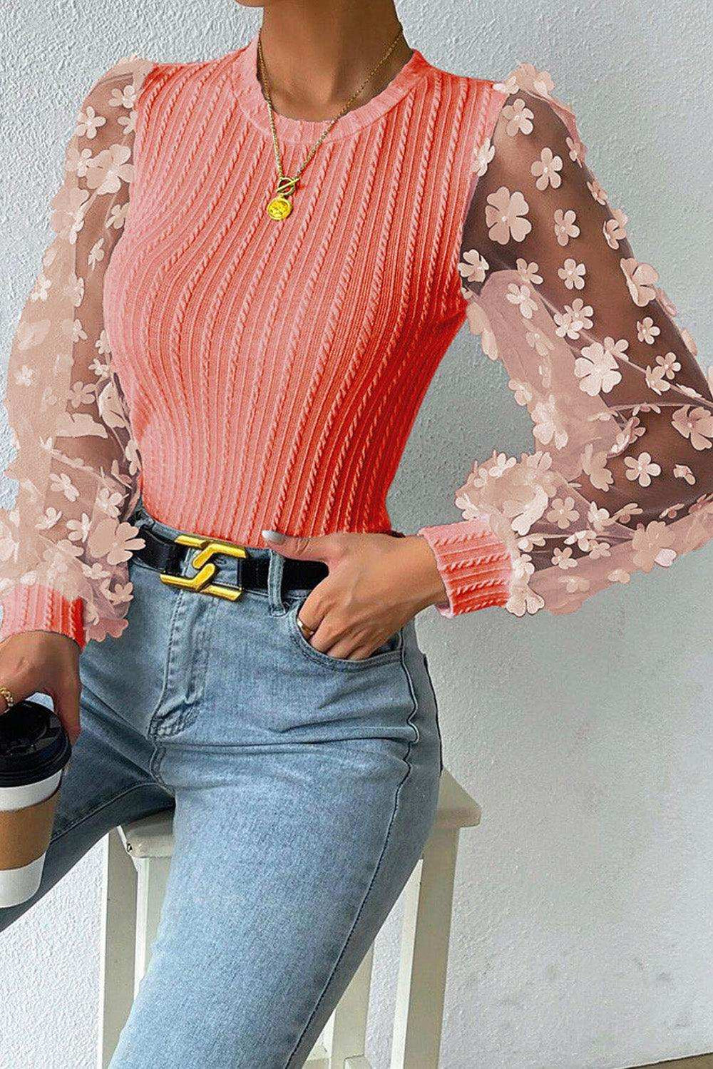 Textured Applique Long Sleeve Blouse - Trendsi - Flyclothing LLC