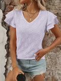 Eyelet V-Neck Ruffled Cap Sleeve Top - Trendsi - Flyclothing LLC