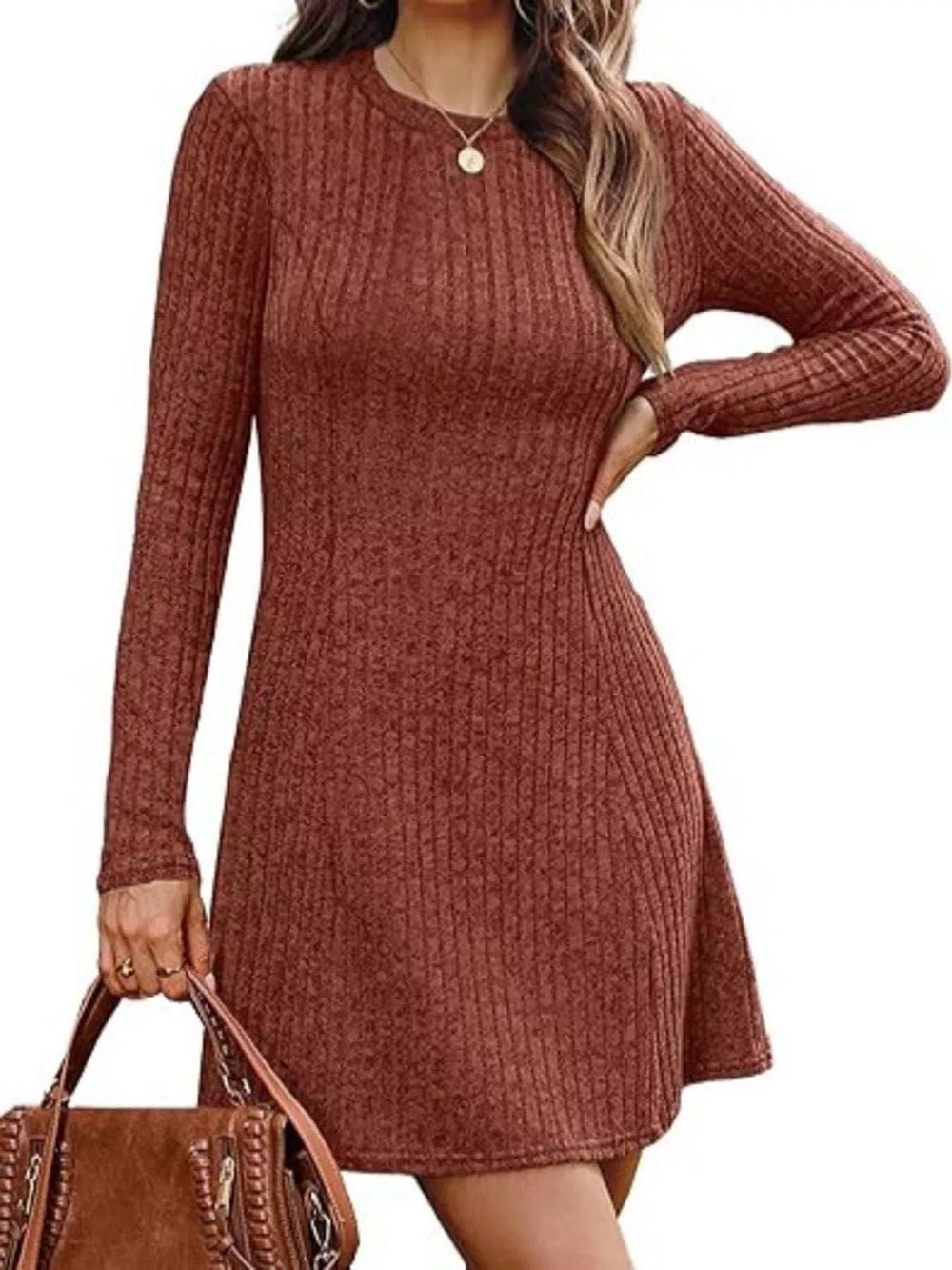 Ribbed Knit Long Sleeve A-Line Dress - Trendsi - Flyclothing LLC