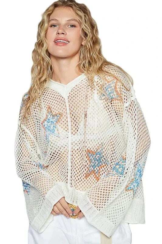 POL Star Openwork Long Sleeve Hooded Knit Cover Up - Trendsi - Flyclothing LLC