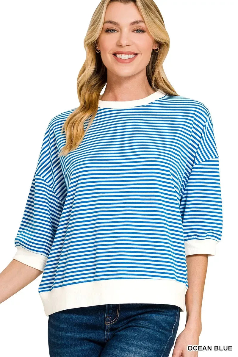 Zenana Striped Contrast Trim Banded Bottom Top - Trendsi - Flyclothing LLC