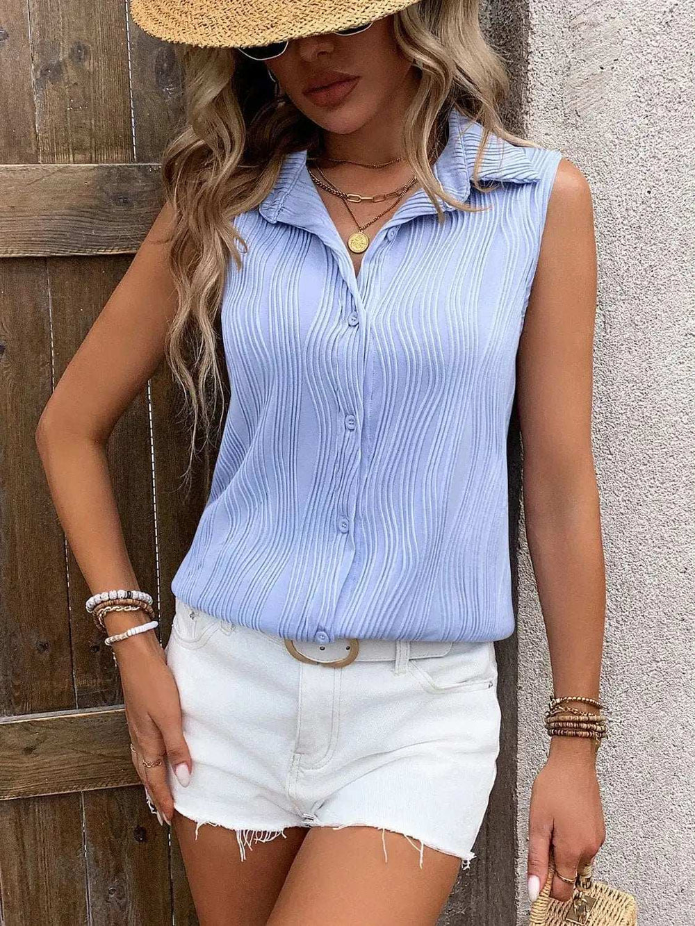 Button Up Collared Neck Tank - Trendsi - Flyclothing LLC