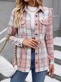 Drawstring Plaid Button Up Jacket with Chest Pockets - Trendsi - Flyclothing LLC