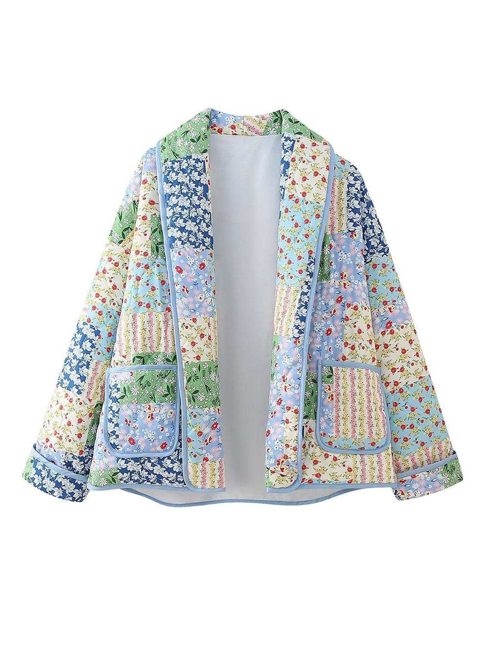 Printed Patchwork Open Front Cardigan with Pockets - Trendsi - Flyclothing LLC