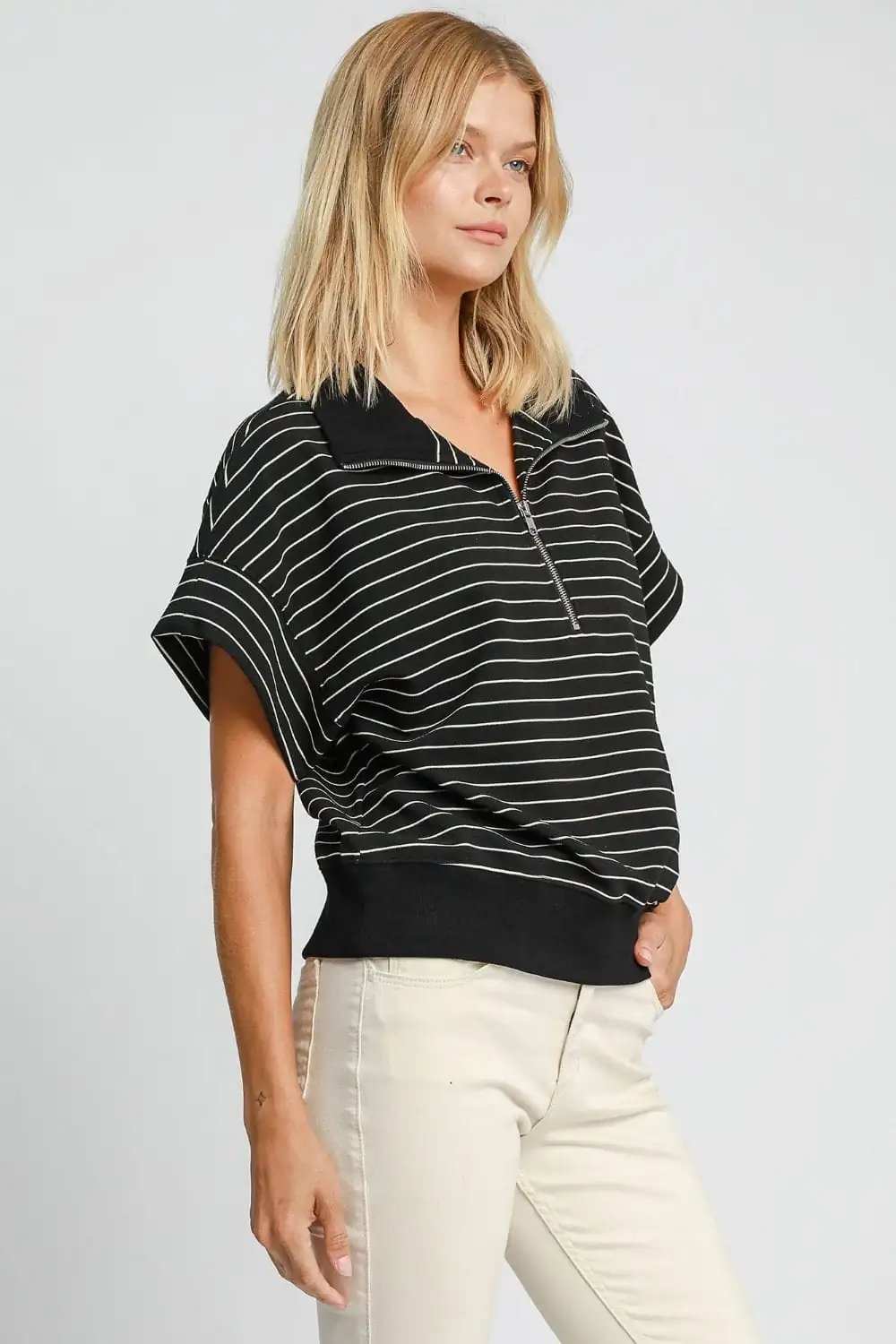 Umgee Striped Half Zip Short Sleeve Sweatshirt - Trendsi - Flyclothing LLC