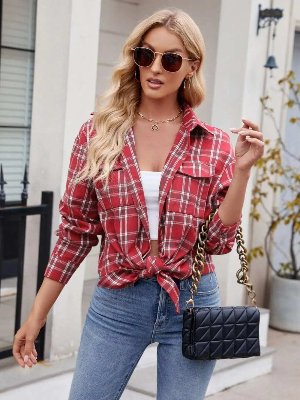 Plaid Button Up Long Sleeve Shirt - Trendsi - Flyclothing LLC