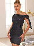 Glitter Tied One Shoulder Mini Dress - Trendsi - Flyclothing LLC