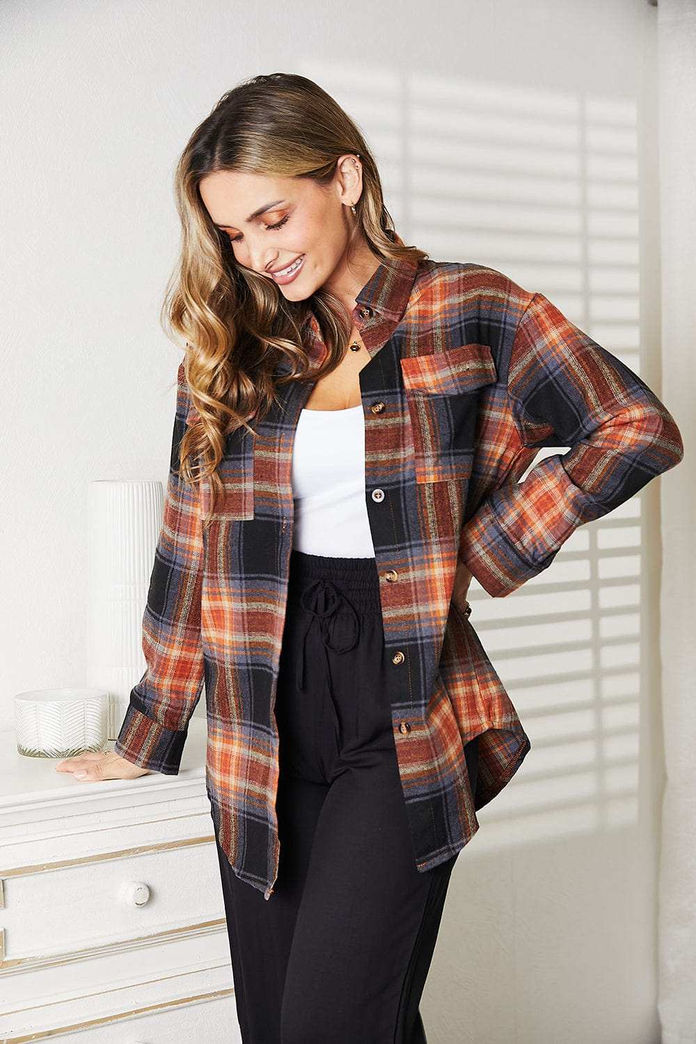 Mandy Plaid Dropped Shoulder Shirt - Trendsi - Flyclothing LLC