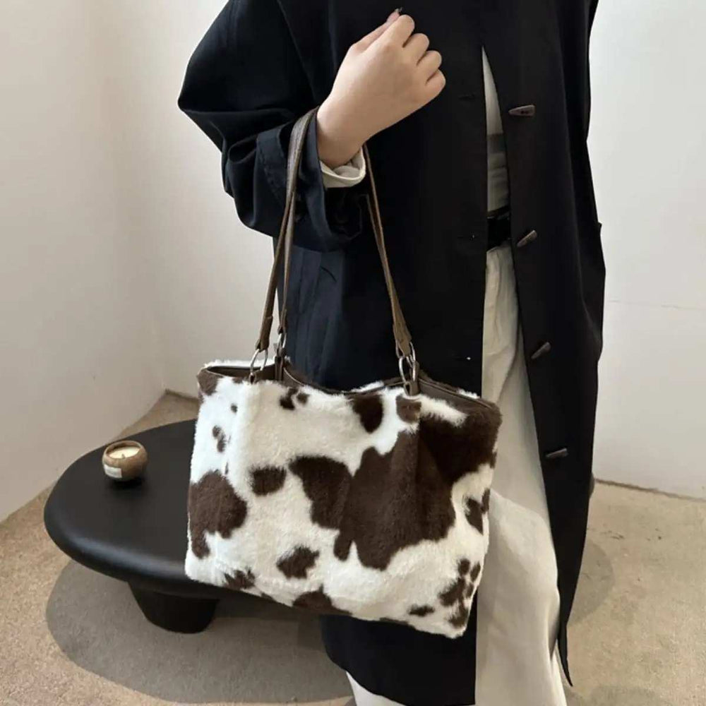 Cow Print Furry Tote Bag - Trendsi - Flyclothing LLC