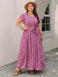 Plus Size Printed V-Neck Flutter Sleeve Tie Waist Maxi Dress - Trendsi - Flyclothing LLC