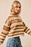 BiBi Striped Open Knit Sweater Top with Front Braided Detail - Trendsi - Flyclothing LLC