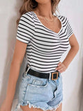 Striped V-Neck Short Sleeve T-Shirt - Trendsi - Flyclothing LLC