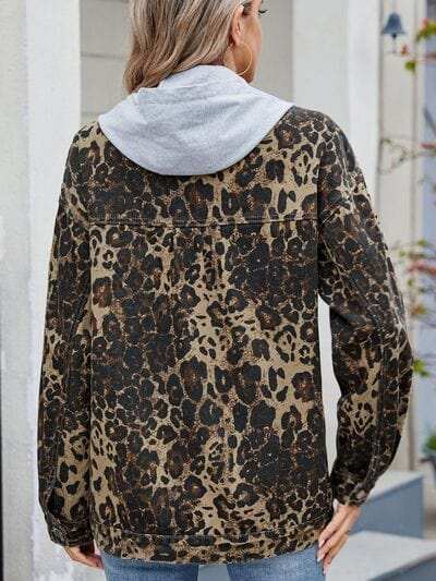 Pocketed Leopard Long Sleeve Denim Jacket - Trendsi - Flyclothing LLC