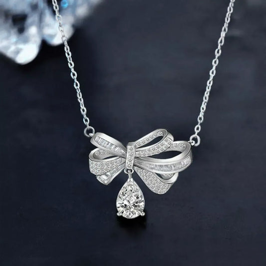 2 Carat Moissanite 925 Sterling Silver Bowknot Necklace - Trendsi - Flyclothing LLC