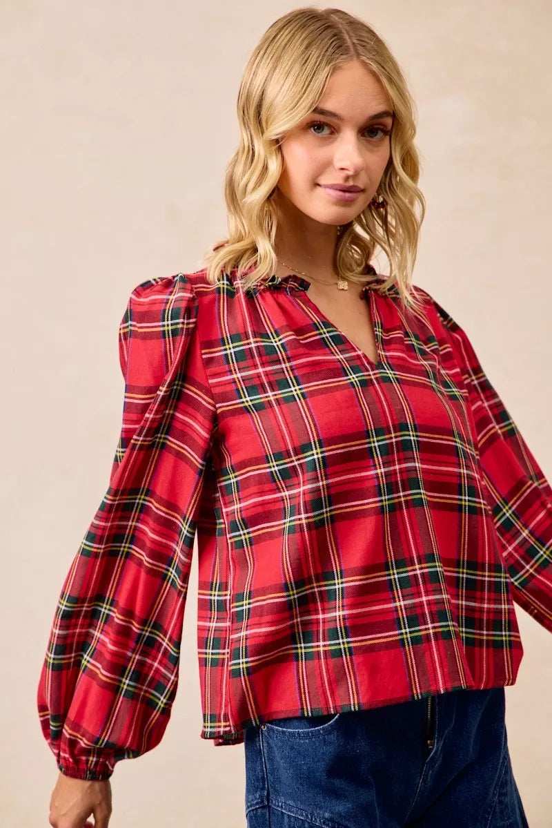 BiBi Christmas Plaid Balloon Sleeves Ruffled V-Neck Top - Trendsi - Flyclothing LLC