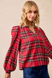 BiBi Christmas Plaid Balloon Sleeves Ruffled V-Neck Top - Trendsi - Flyclothing LLC