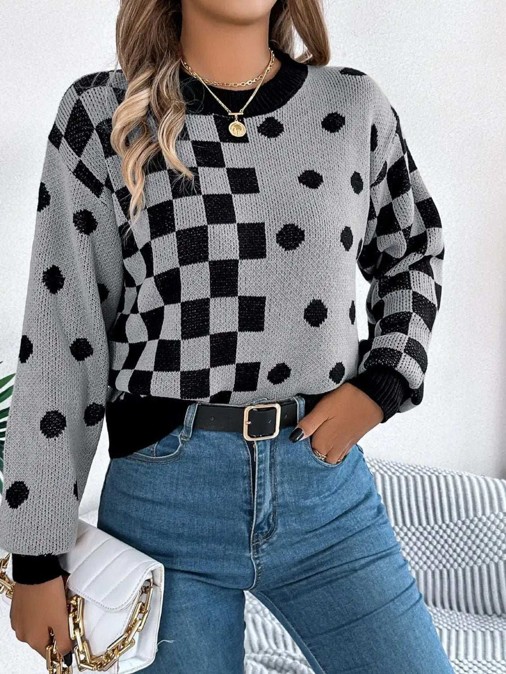 Plaid Round Neck Long Sleeve Sweater - Trendsi - Flyclothing LLC