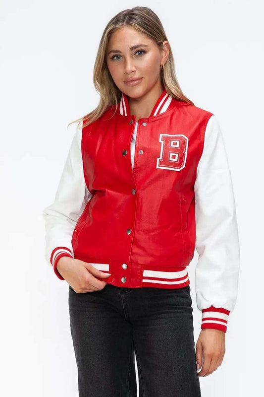 Love Me Now PU Leather Contrast Snap Down Bomber Jacket - Trendsi - Flyclothing LLC