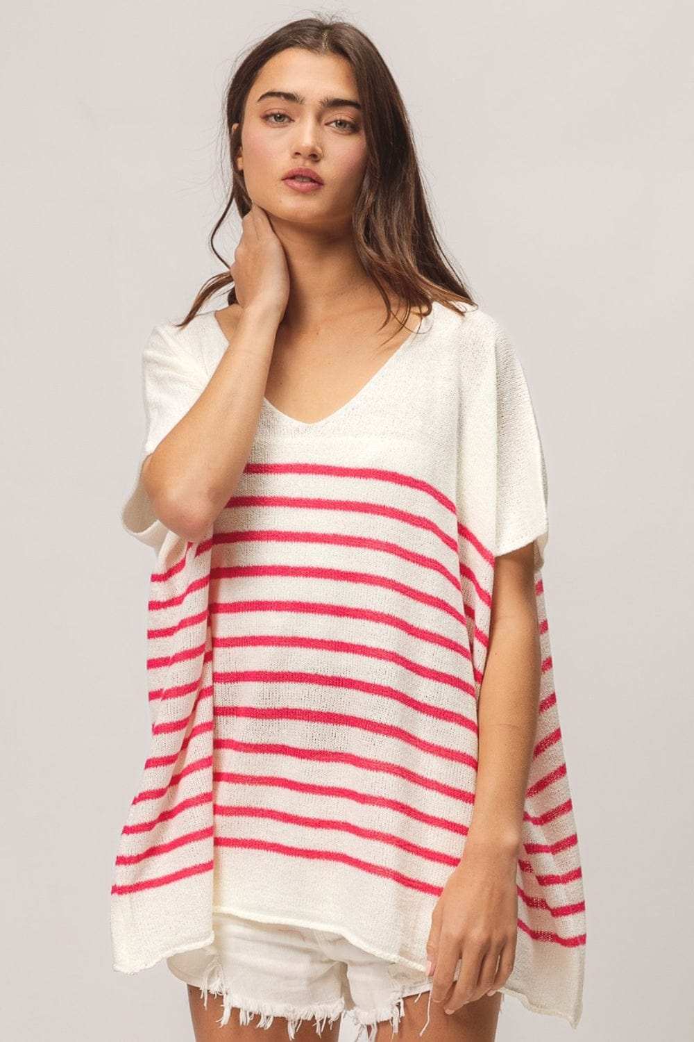 BiBi V Neck Striped Short Sleeve Top - Trendsi - Flyclothing LLC