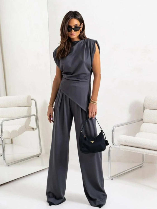 Slit Ruched Top and Wide Leg Pants Set - Trendsi - Flyclothing LLC