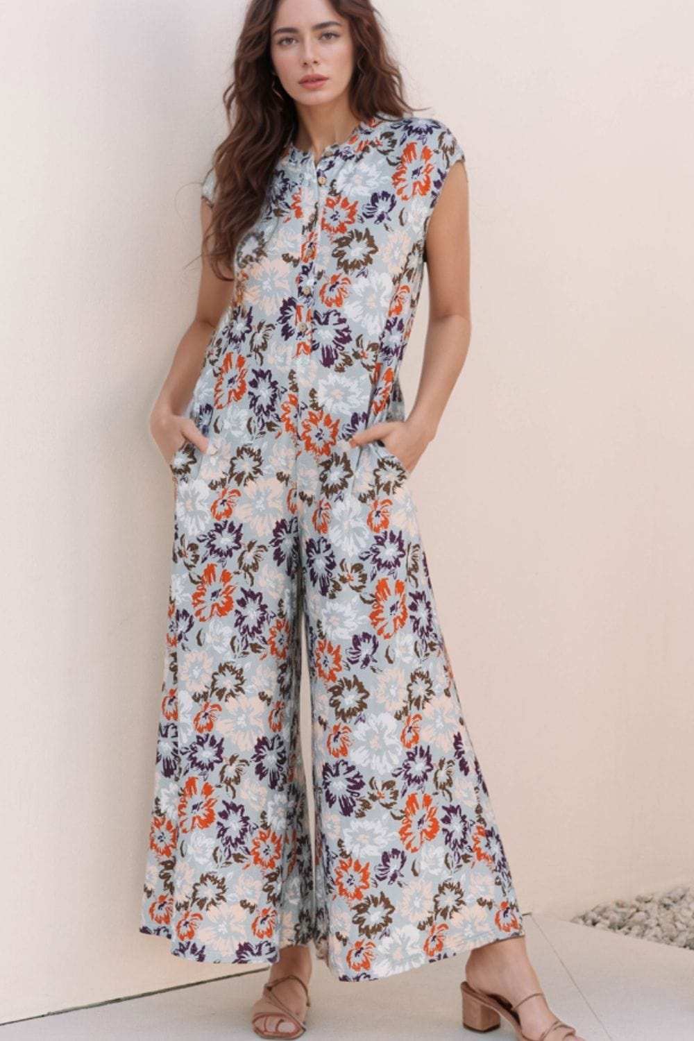 Floral Sleeveless Button Front Wide Leg Jumpsuit - Trendsi - Flyclothing LLC
