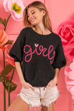 BiBi Metallic Letter Short Puff Sleeve Hairy Sweater - Trendsi - Flyclothing LLC