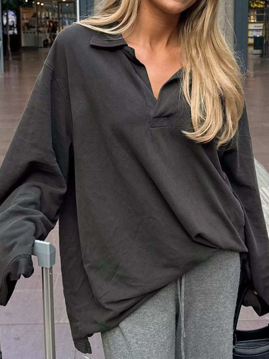 Collared Neck Dropped Shoulder Oversized Sweatshirt - Trendsi - Flyclothing LLC