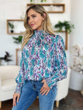 Double Take Full Size Printed Smocked Long Sleeve Blouse - Trendsi - Flyclothing LLC