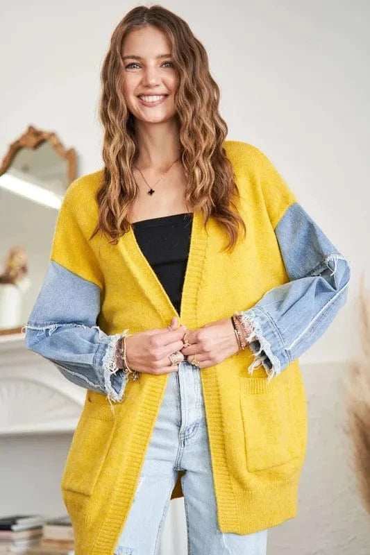 ADORA Full Size Frayed Denim Sleeve Sweater Cardigan Plus Size - Trendsi - Flyclothing LLC