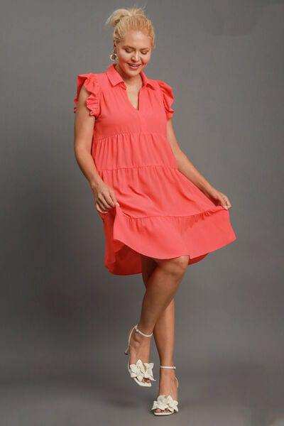 Umgee Full Size Johnny Collar Ruffle Cap Sleeve Tiered Dress Plus Size - Trendsi - Flyclothing LLC