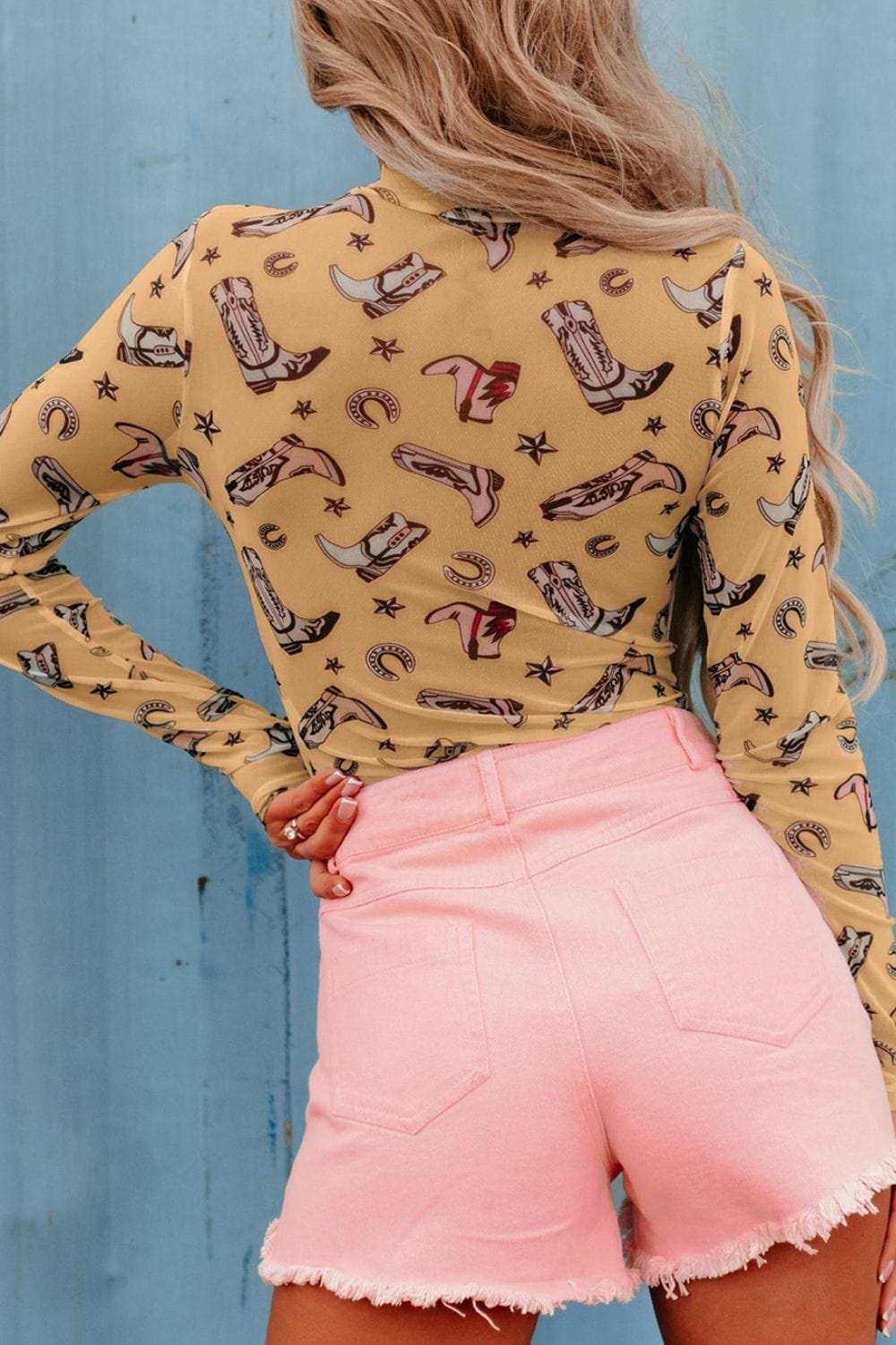 Printed Mock Neck Long Sleeve Bodysuit - Trendsi - Flyclothing LLC