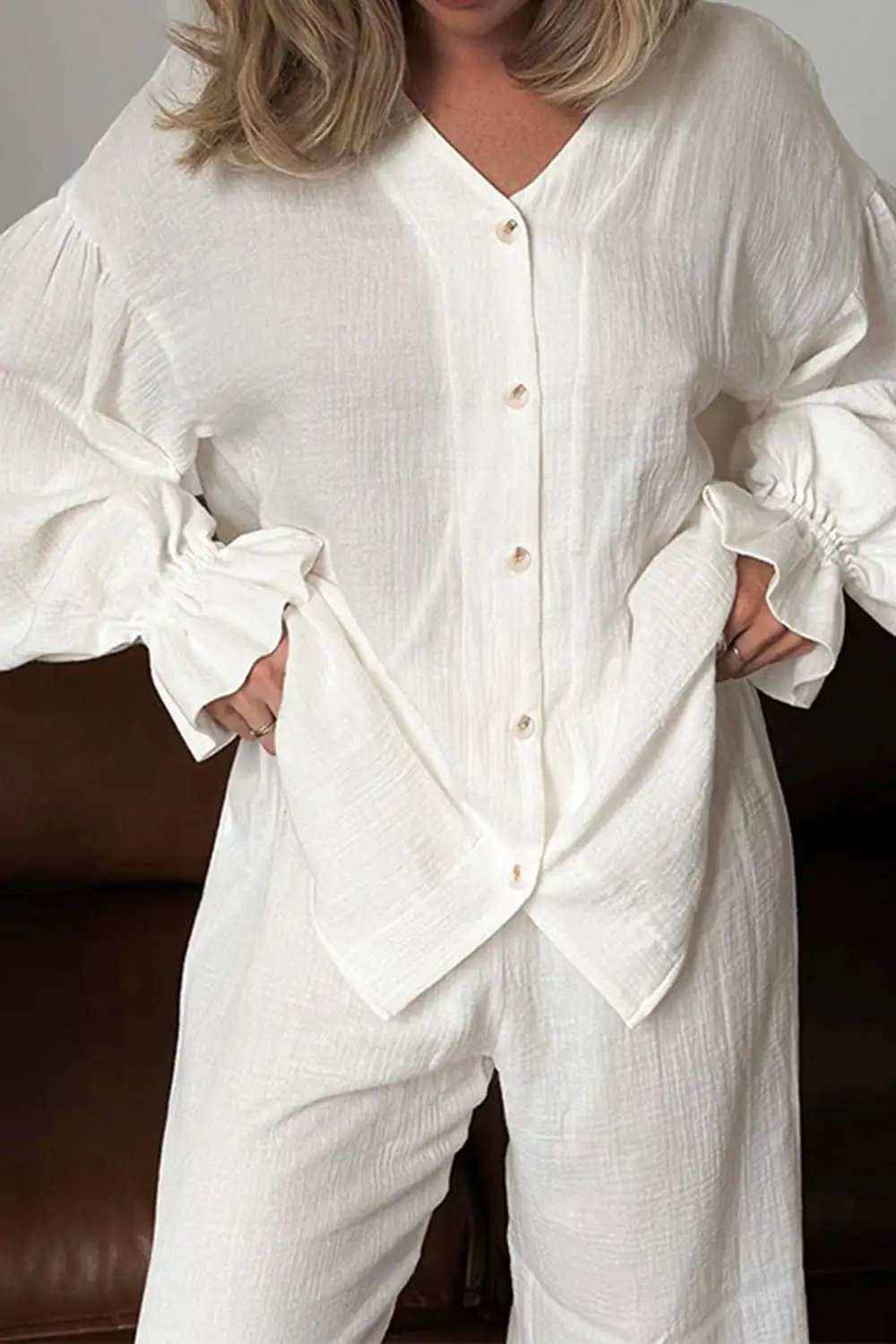Breathable Ruffled V-Neck Long Sleeve Top and Pants Set - Trendsi - Flyclothing LLC
