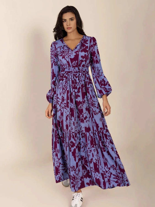Printed Tie Neck Balloon Sleeve Maxi Dress - Trendsi - Flyclothing LLC