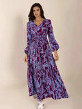Printed Tie Neck Balloon Sleeve Maxi Dress - Trendsi - Flyclothing LLC