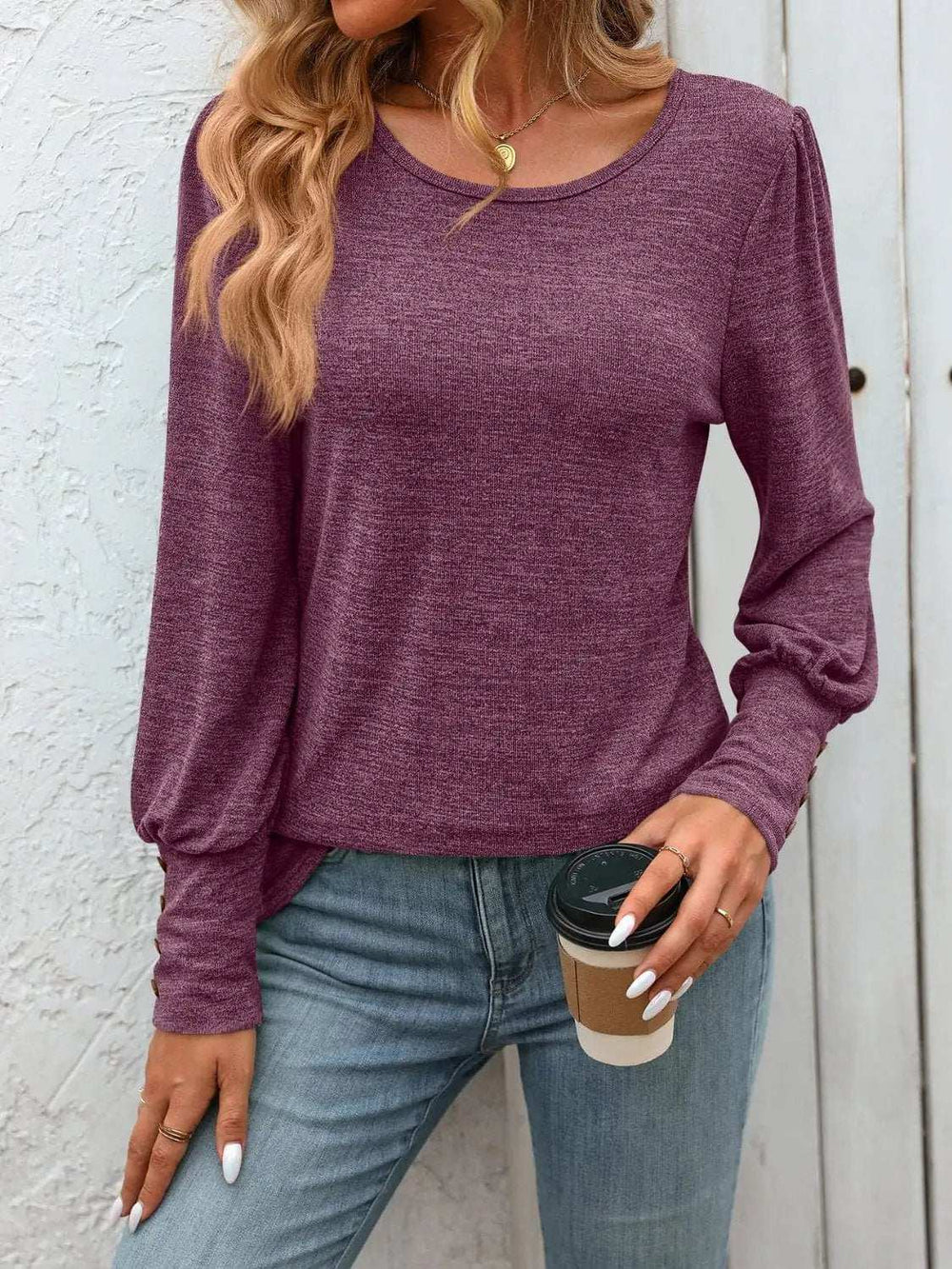 Decorative Button Round Neck Long Sleeve T-Shirt - Trendsi - Flyclothing LLC