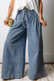 Stripe Button Pleated Drawstring Waist Casual Wide Leg Jeans - Trendsi - Flyclothing LLC
