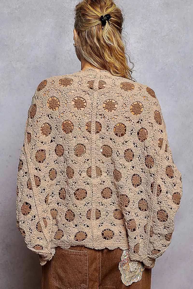POL Openwork V-Neck Chenille Cardigan with Contrast Floral - Trendsi - Flyclothing LLC