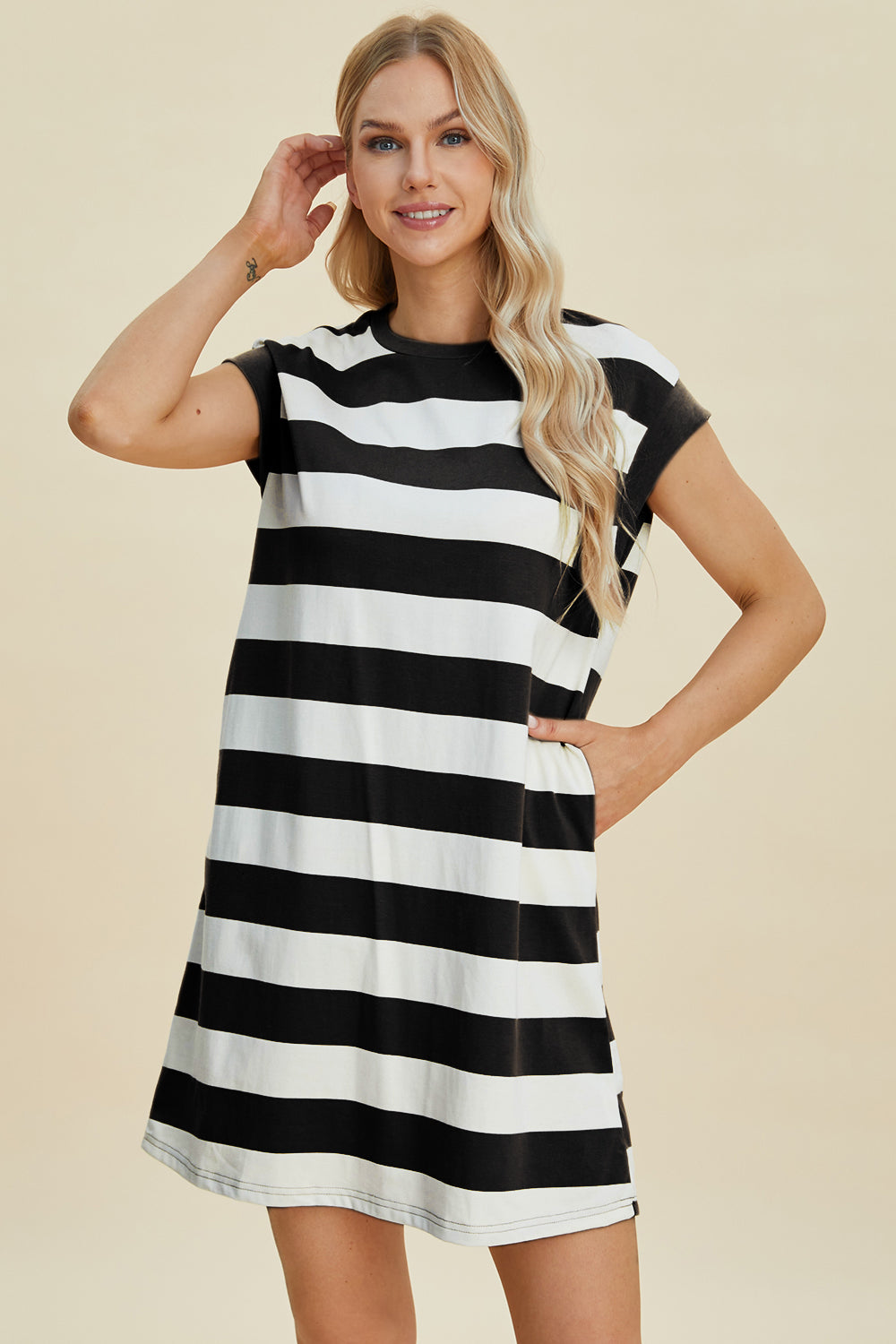 Basic Bae Full Size Striped Round Neck Cap Sleeve Mini Dress - ShopBasicbae - Flyclothing LLC
