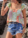 Lace Detail Printed Tie Neck Cap Sleeve Blouse - Trendsi - Flyclothing LLC