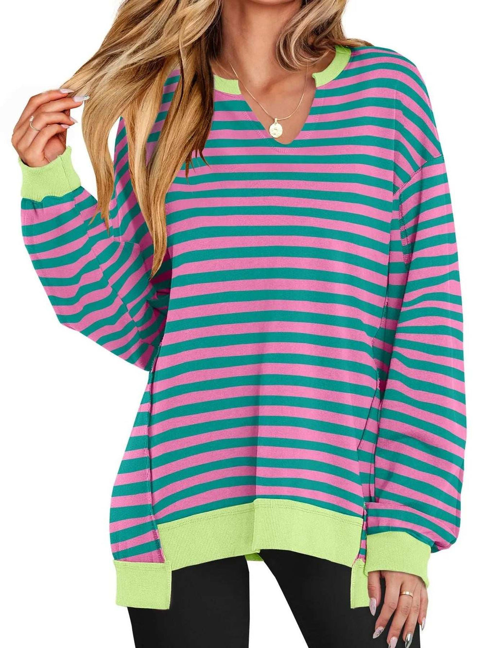 Notched Long Sleeve Oversized Sweatshirt - Trendsi - Flyclothing LLC