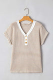 Stripe Buttoned Front V Neck T Shirt - Trendsi - Flyclothing LLC