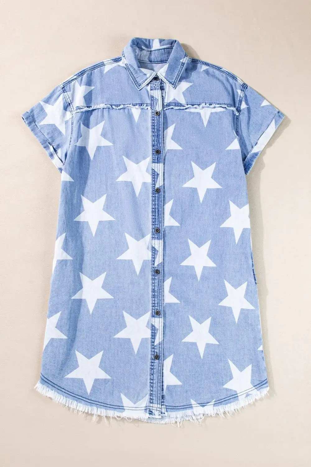 Raw Hem Star Short Sleeve Denim Dress - Trendsi - Flyclothing LLC