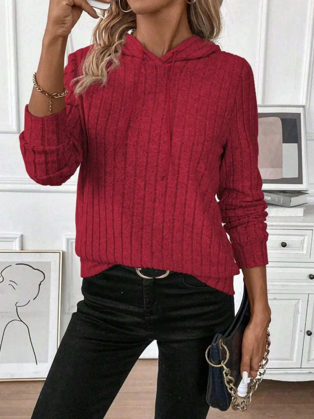 Drawstring Ribbed Long Sleeve Hoodie - Trendsi - Flyclothing LLC