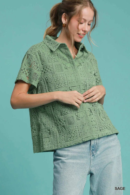 Umgee Patch Lace Short Sleeve Button Down Shirt - Trendsi - Flyclothing LLC