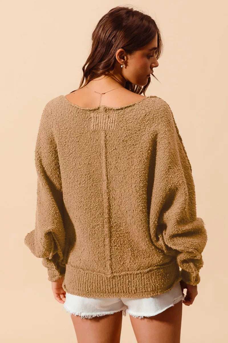 SO ME Loose Fit Exposed Seam Slouchy Boucle Sweater - Trendsi - Flyclothing LLC