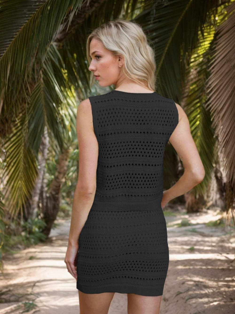 Openwork V-Neck Top and Skirt Knit Cover Up Set - Trendsi - Flyclothing LLC