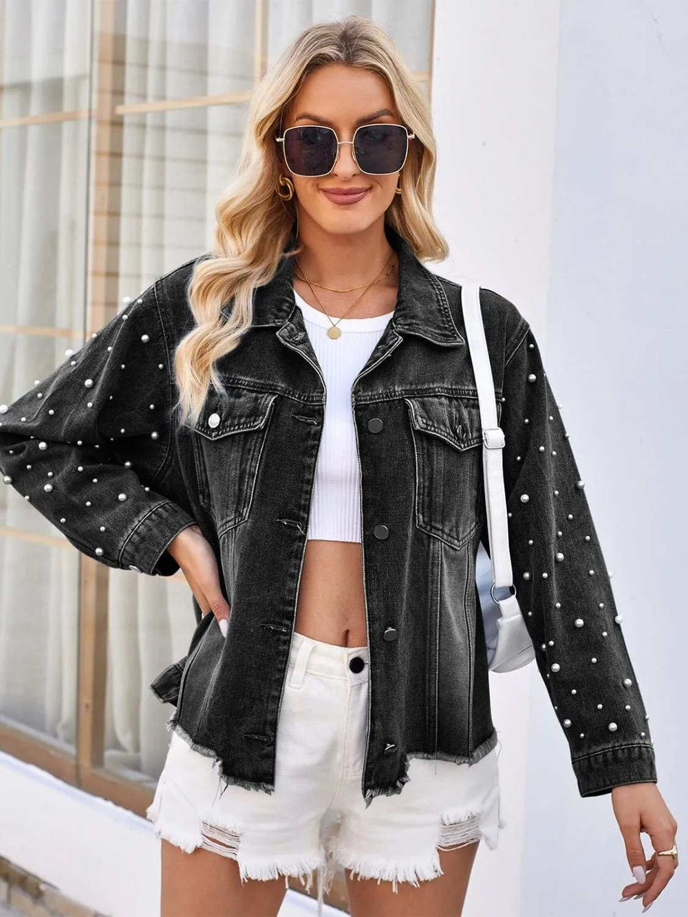 Pearl Trim Raw Hem Denim Jacket - Trendsi - Flyclothing LLC