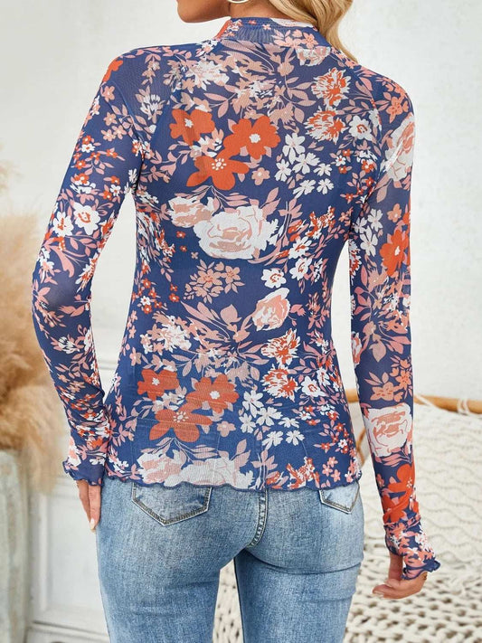 Floral Mock Neck Long Sleeve Top - Trendsi - Flyclothing LLC