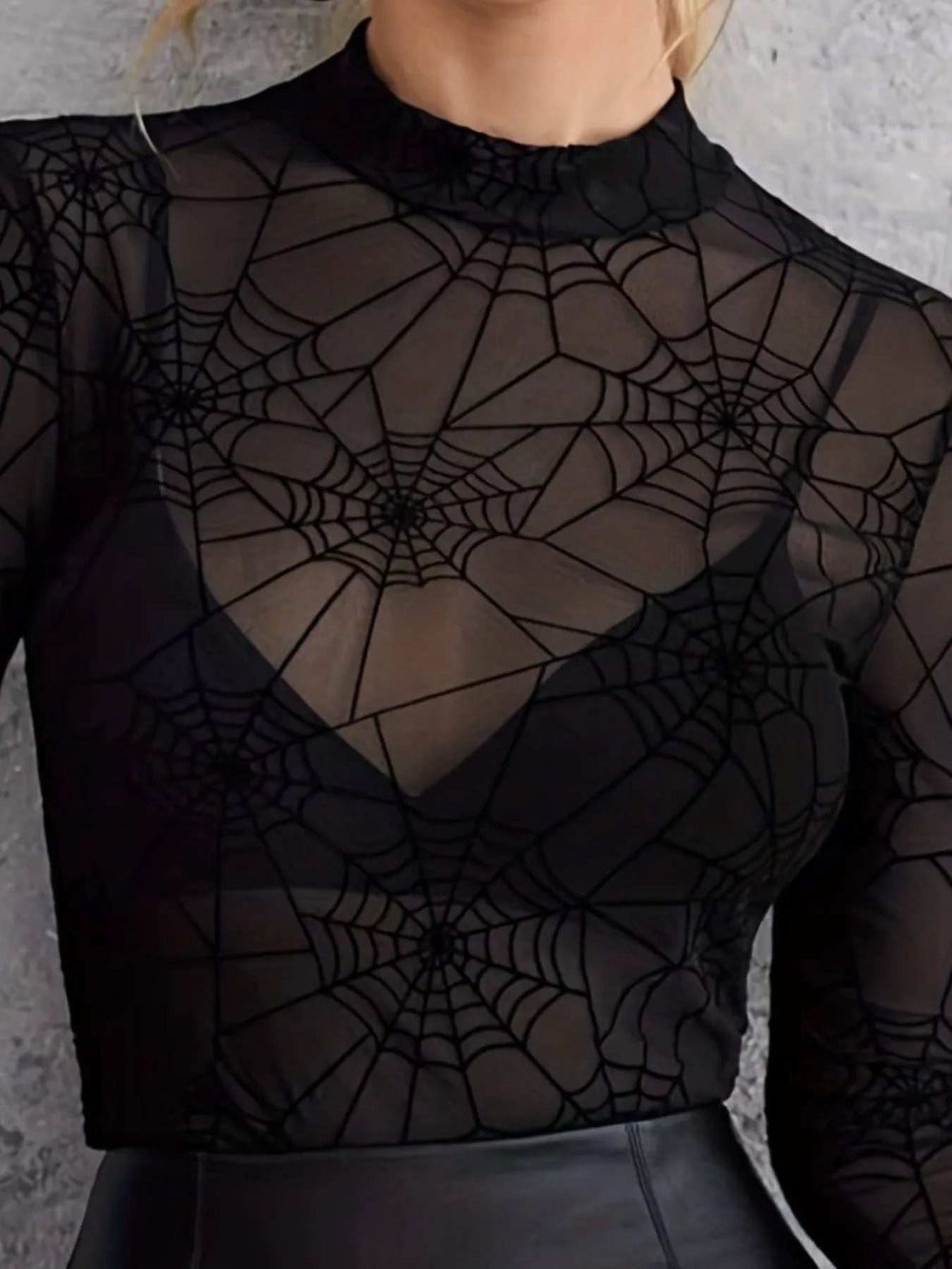 Spider Web Print Long Sleeve Blouse - Trendsi - Flyclothing LLC
